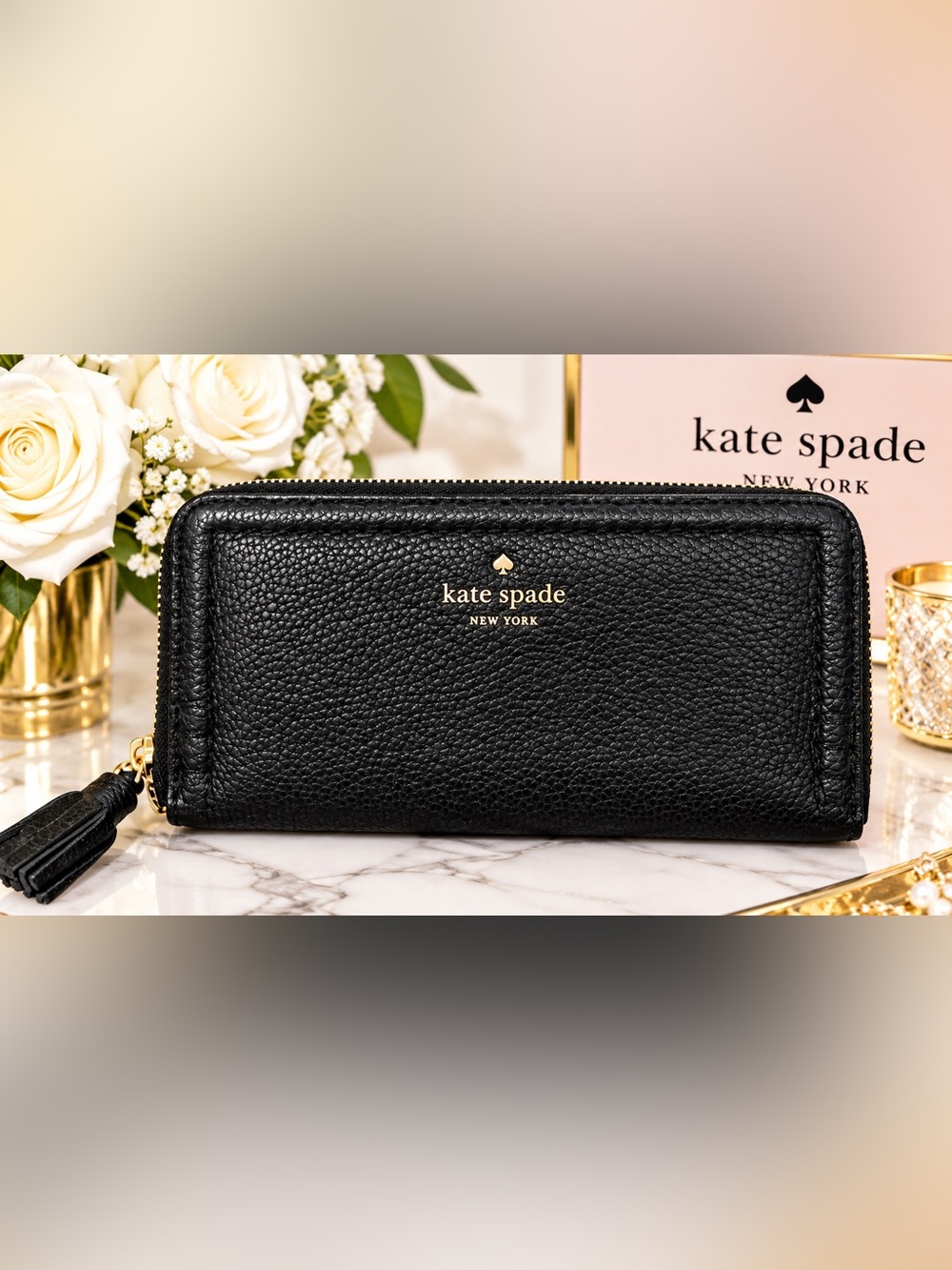 Kate Spade New York Black Pebbled Leather Zip Around Wallet Tassel